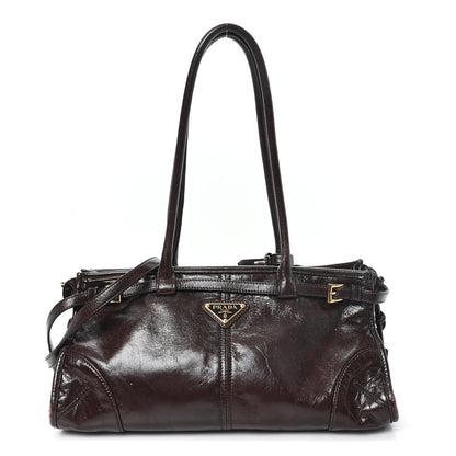 Prada Glossy Calfskin Triangle Medium Bonnie Shoulder Bag Dark Brown 1 of 9