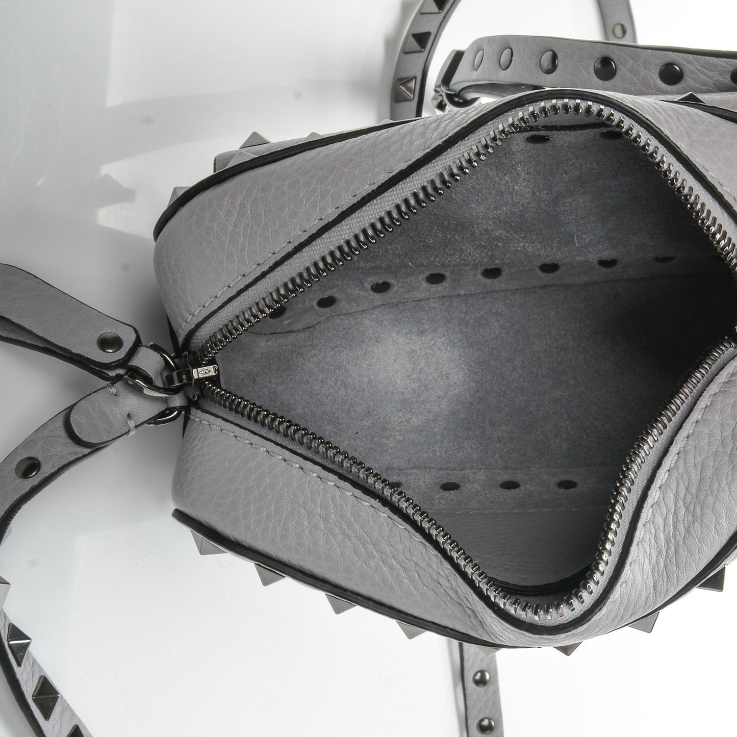 Grained Calfskin Small Rockstud Flap Pocket Camera Crossbody Bag Pastel Grey