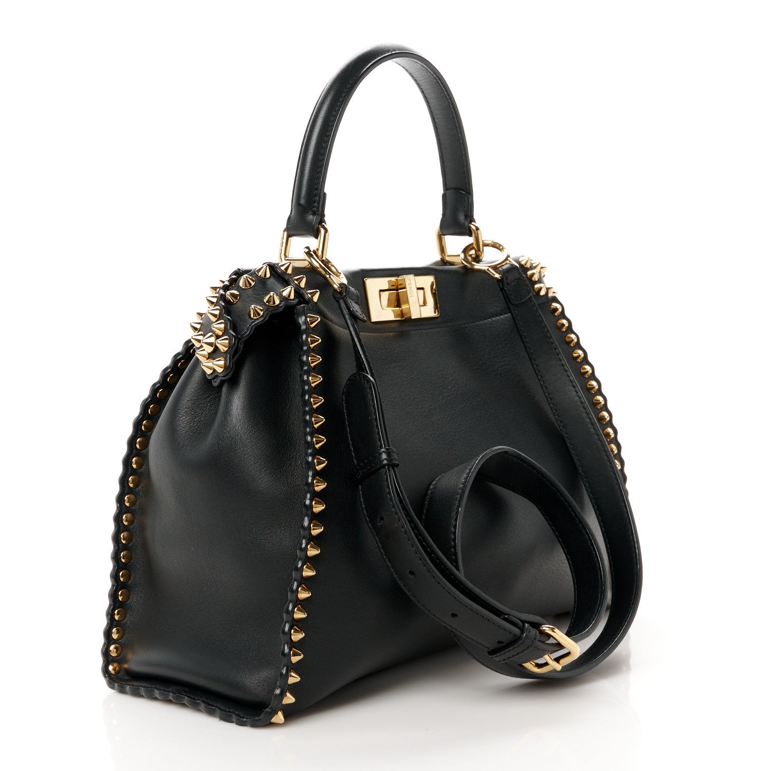 Fendi Vitello Seta Shiny Nappa Scalloped Studded Medium Peekaboo Iconic Satchel Black 3 of 13