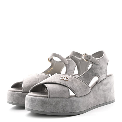 Chanel Suede Calfskin Peep Toe Wedge Sandals 40.5 Grey 4 of 9