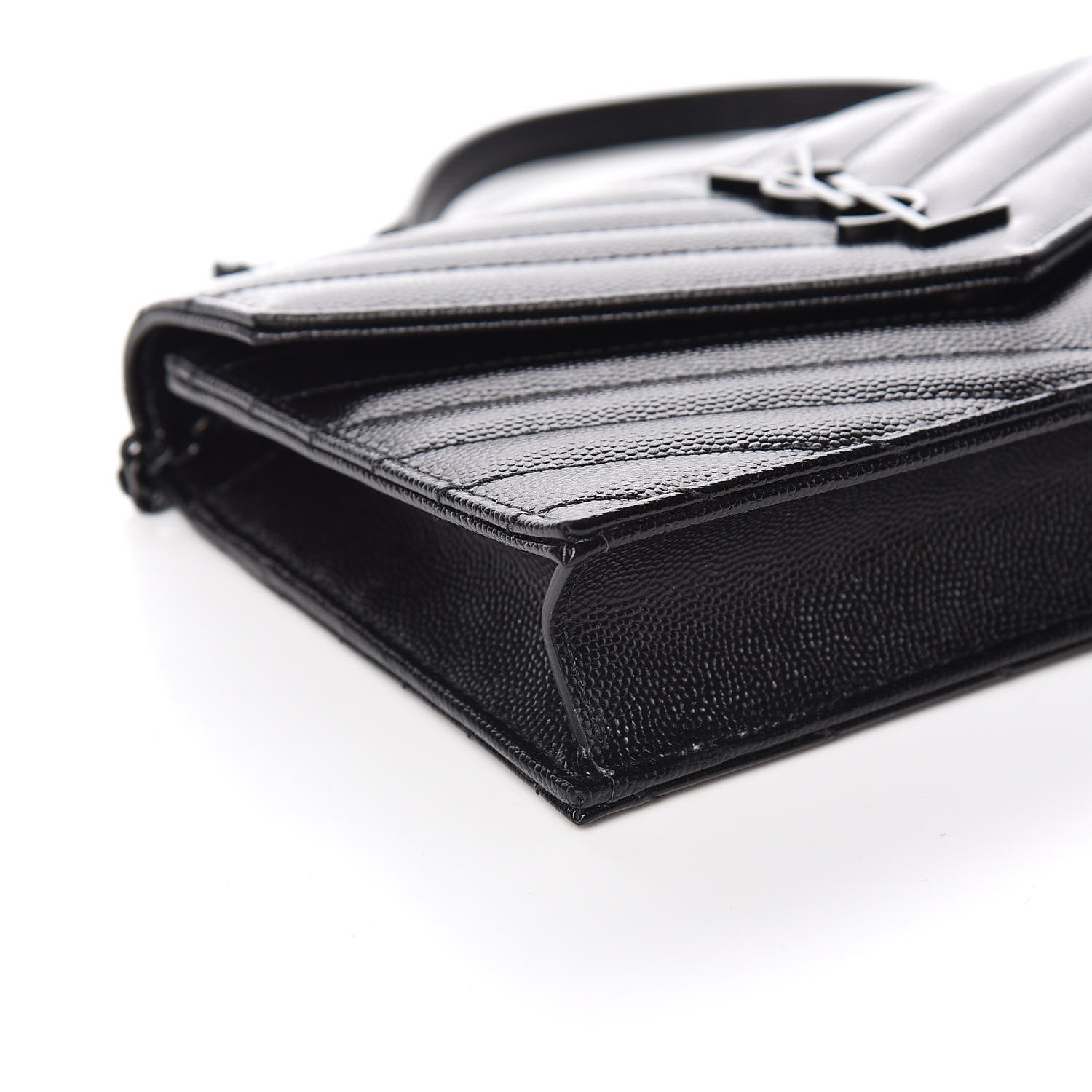 Saint Laurent Grain De Poudre Matelasse Chevron Monogram Envelope Chain Wallet Black 8 of 10