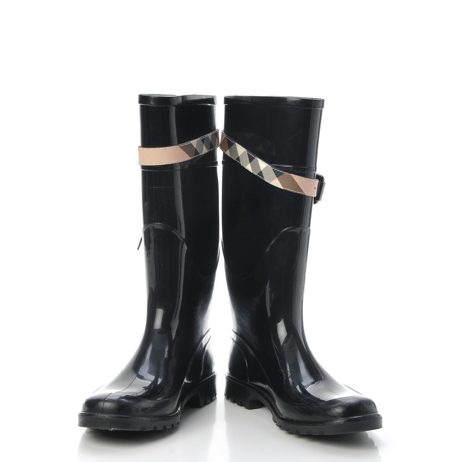 Burberry Rubber Nova Check Roscot Belted Rain Boots 37 Black 5 of 12