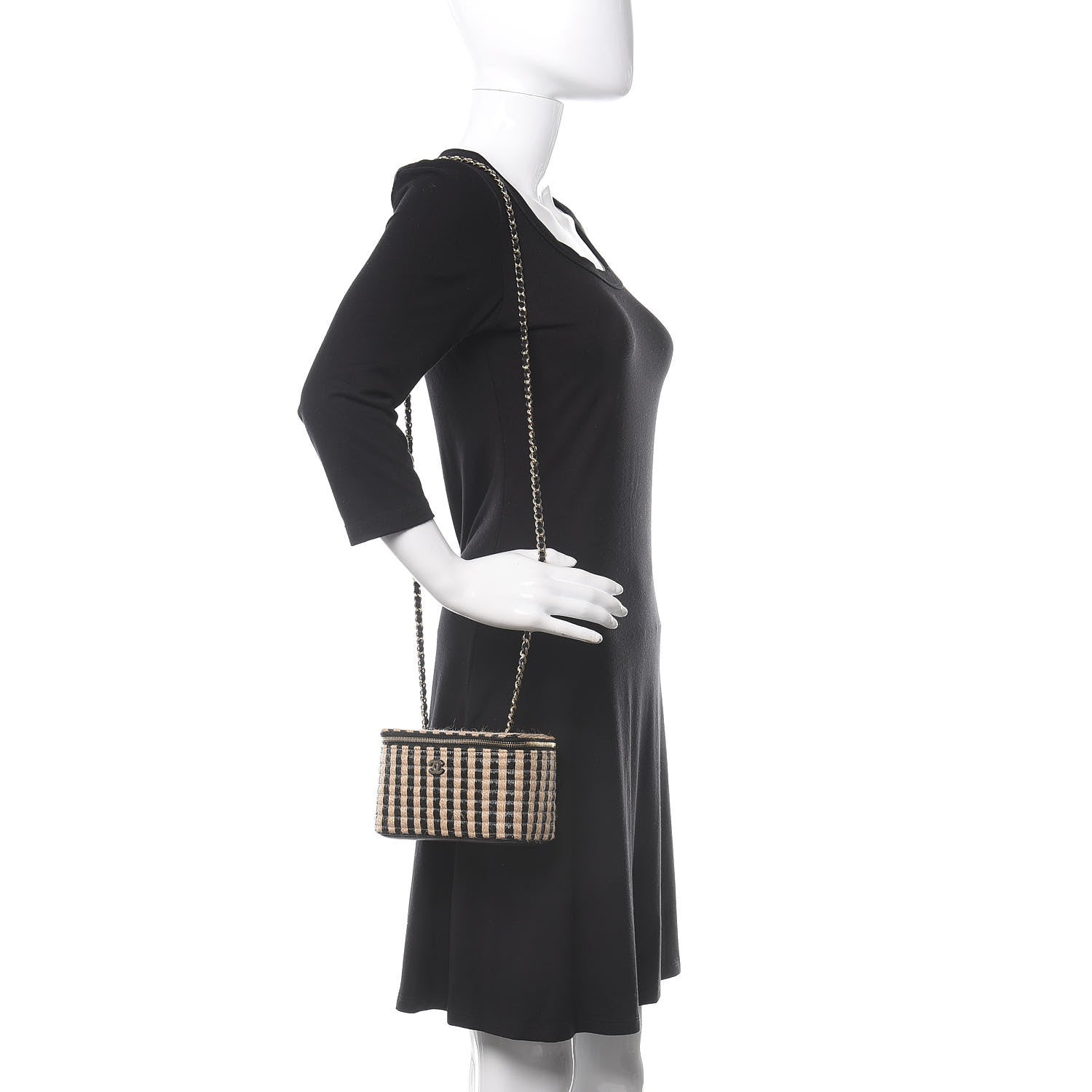 Chanel Raffia Jute Striped Small Vanity Case With Chain Black Beige 2 of 10