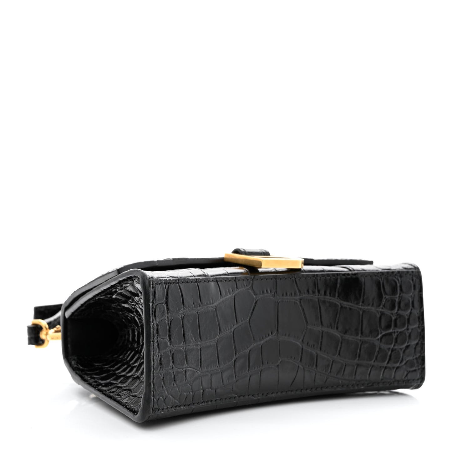 Shiny Calfskin Crocodile Embossed Hourglass Top Handle Bag XS Black