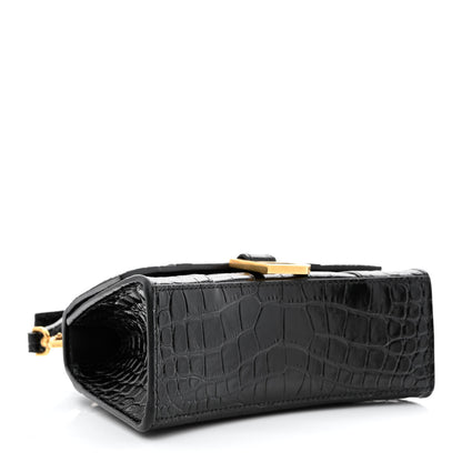 Balenciaga Shiny Calfskin Crocodile Embossed Hourglass Top Handle Bag XS Black 4 of 9