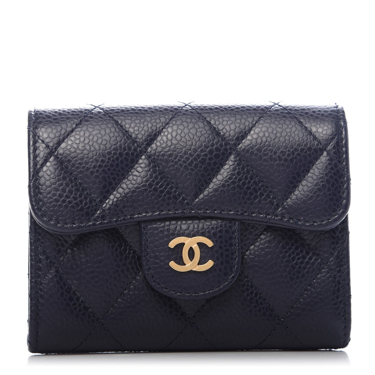 Caviar Quilted Flap Card Holder Wallet Navy Blue