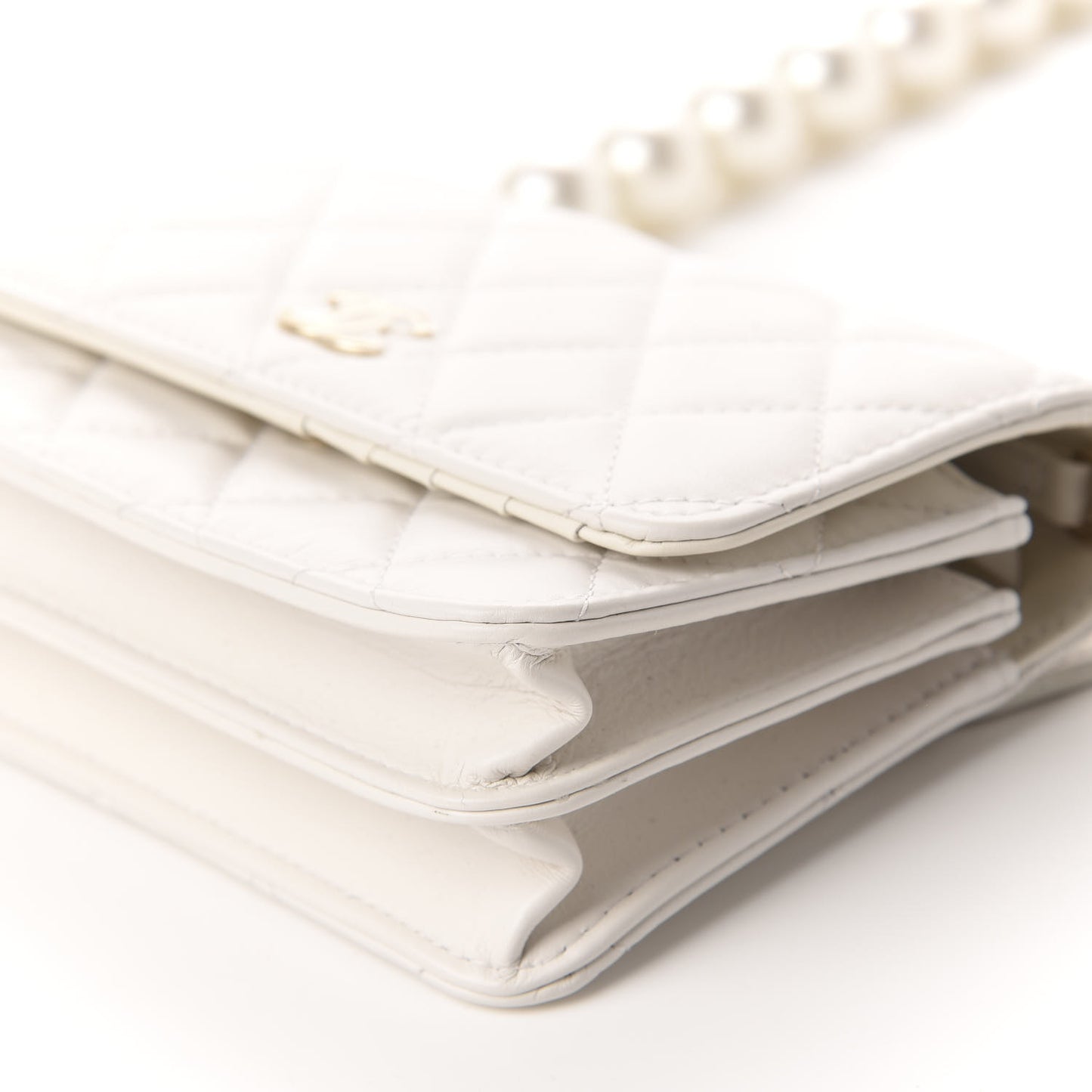 Calfskin Quilted CC Pearl Mini Wallet On Chain Flap White