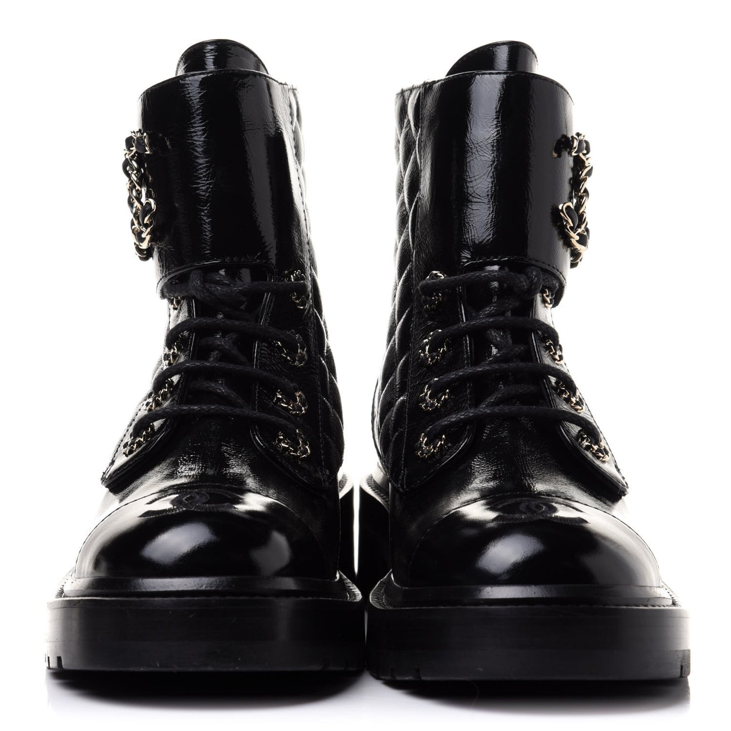 Shiny Calfskin Quilted Lace Up Combat Boots 37 Black