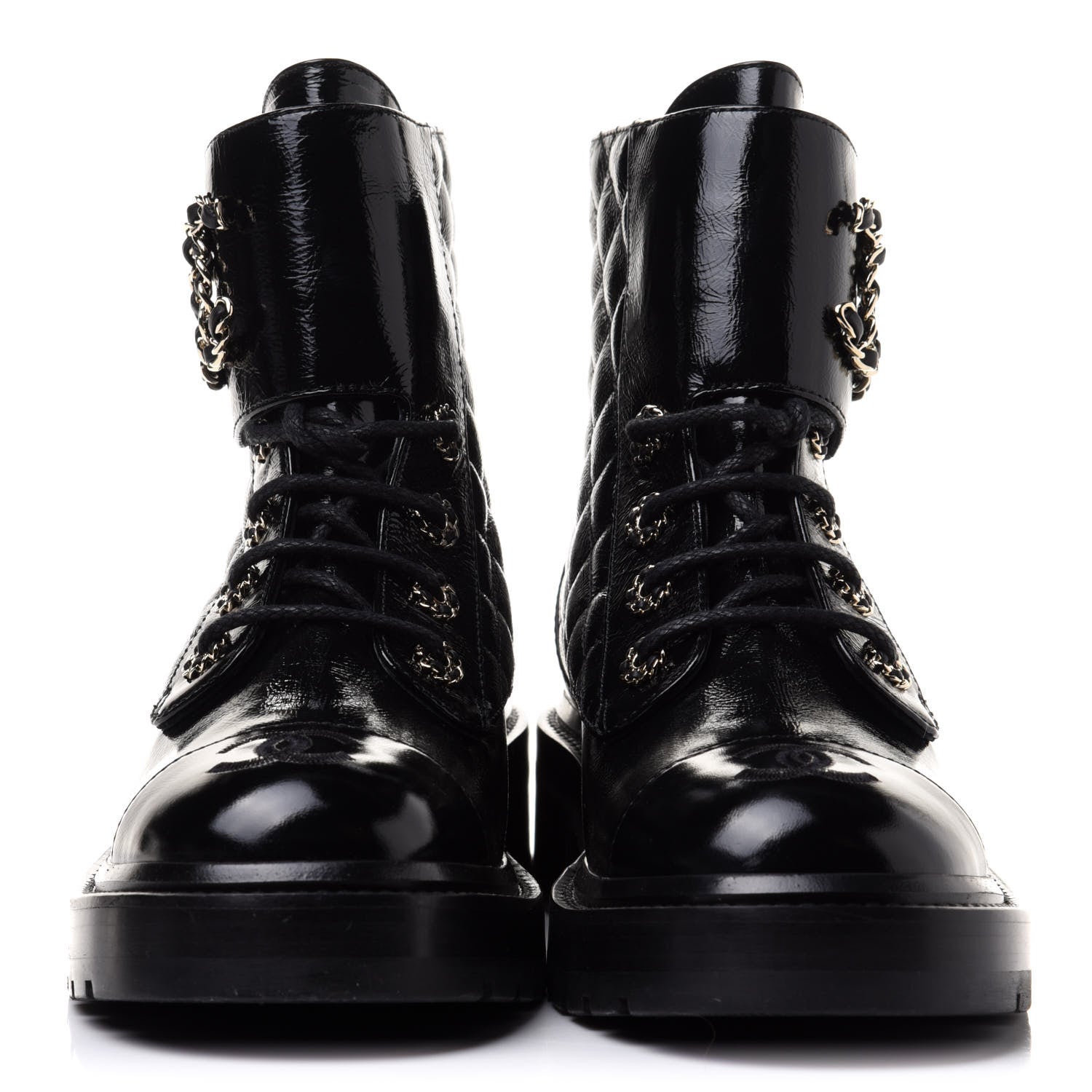 Chanel Shiny Calfskin Quilted Lace Up Combat Boots 37 Black 2 of 10