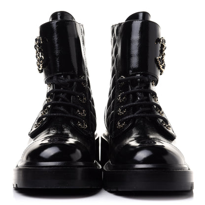 Chanel Shiny Calfskin Quilted Lace Up Combat Boots 37 Black 2 of 10