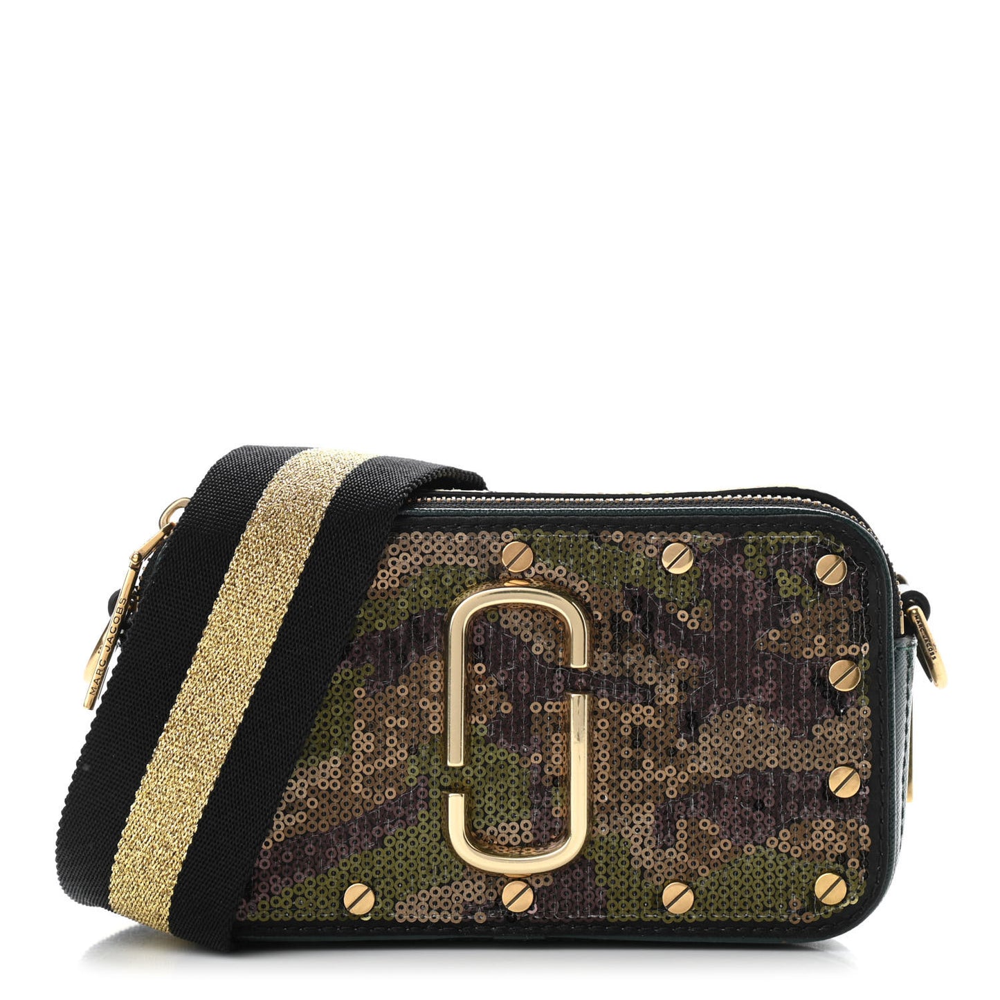 Saffiano Sequin Camouflage Stud Snapshot Camera Bag Green Gold