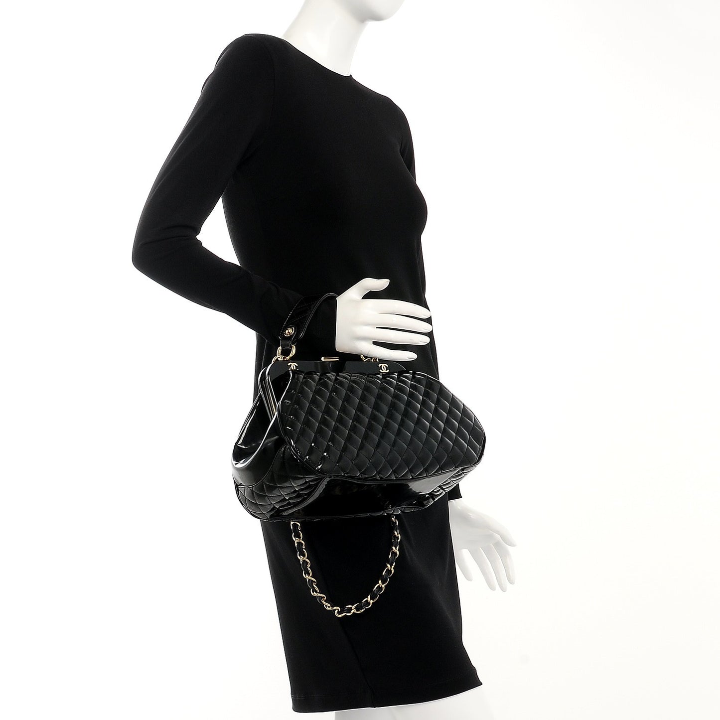 Glazed Calfskin Quilted Small Mademoiselle Frame Bag Black