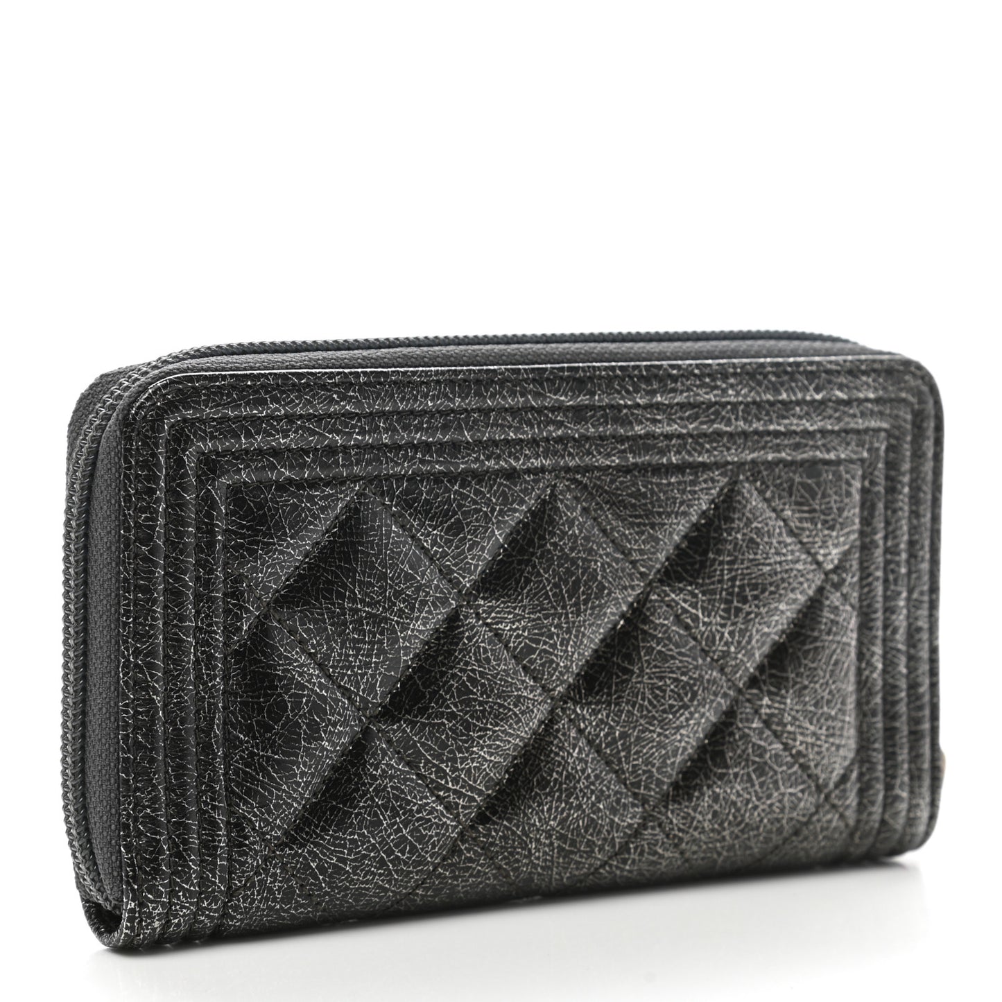 Cracked Metallic Calfskin Quilted Medium Boy Zip Around Wallet Dark Silver