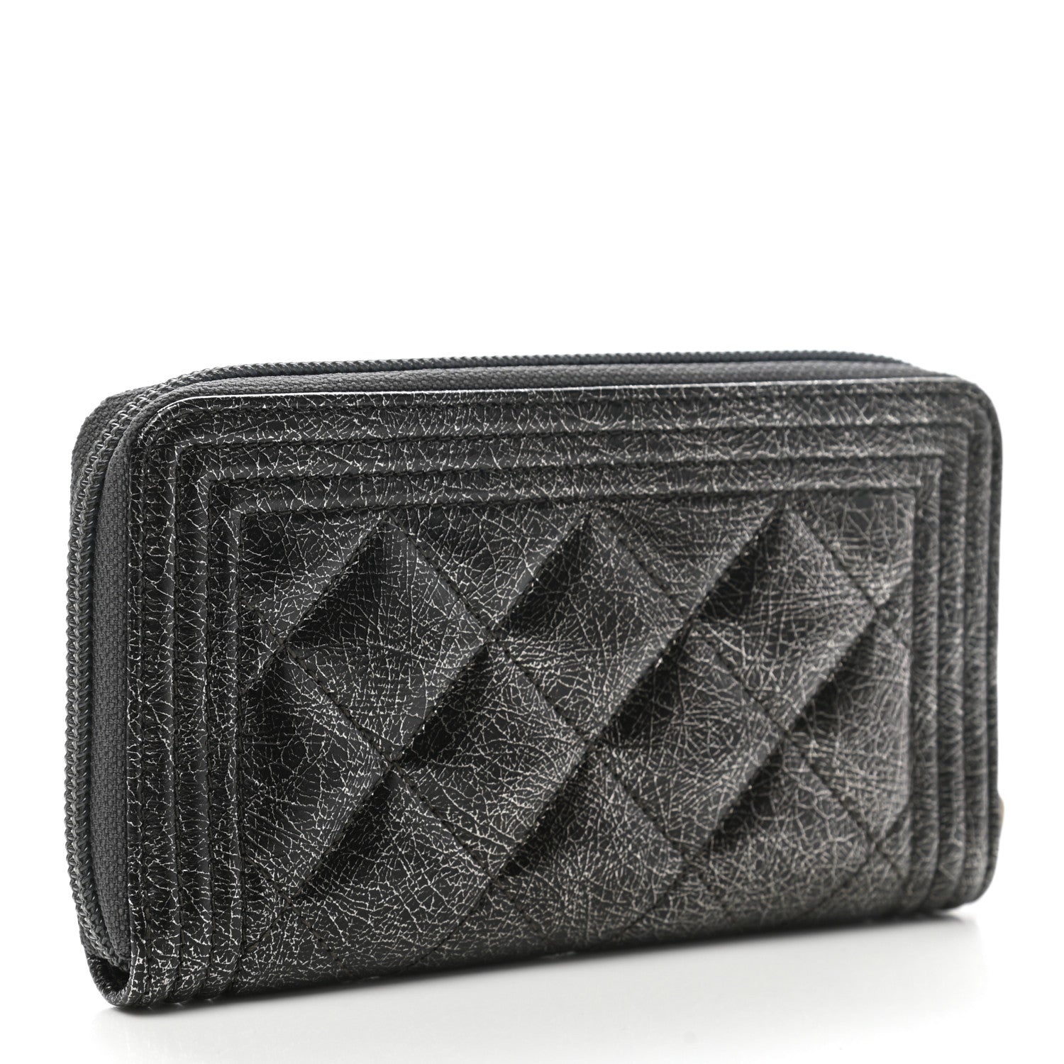 Chanel Cracked Metallic Calfskin Quilted Medium Boy Zip Around Wallet Dark Silver 6 of 18