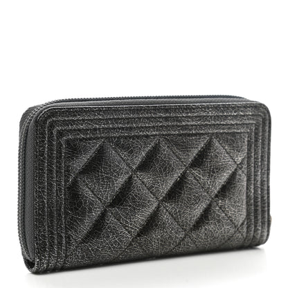 Chanel Cracked Metallic Calfskin Quilted Medium Boy Zip Around Wallet Dark Silver 6 of 18