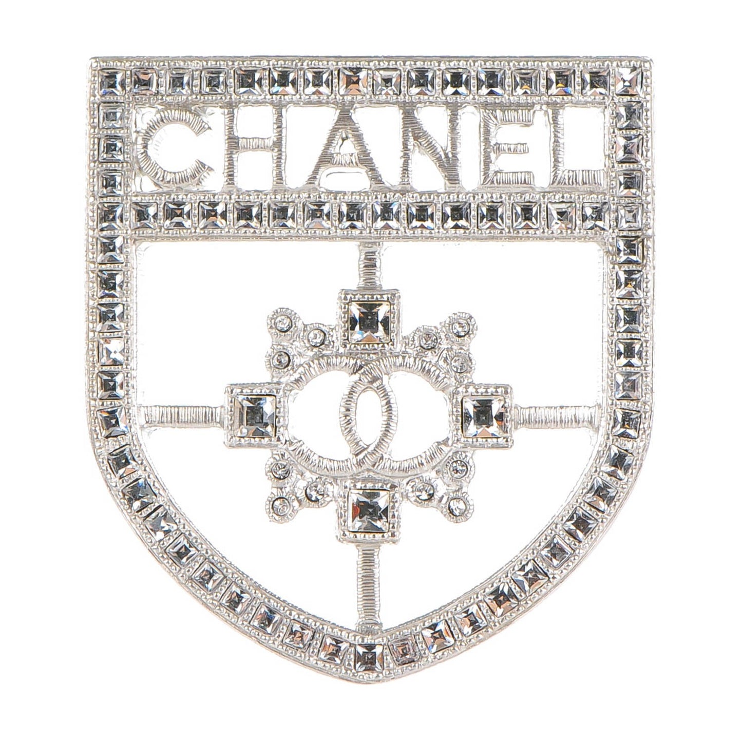 Swarovski Baguette Crystal CC Shield Brooch Silver