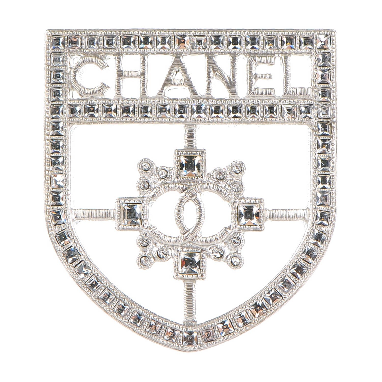 Chanel Swarovski Baguette Crystal CC Shield Brooch Silver 1 of 5