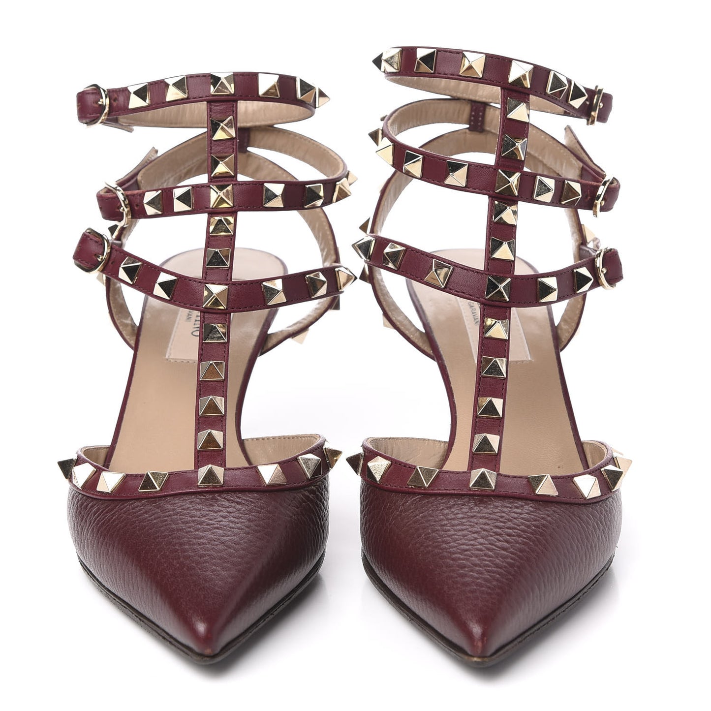 Pebbled Calfskin Rockstud Ankle Strap Low Heel Pumps 36 Rubin