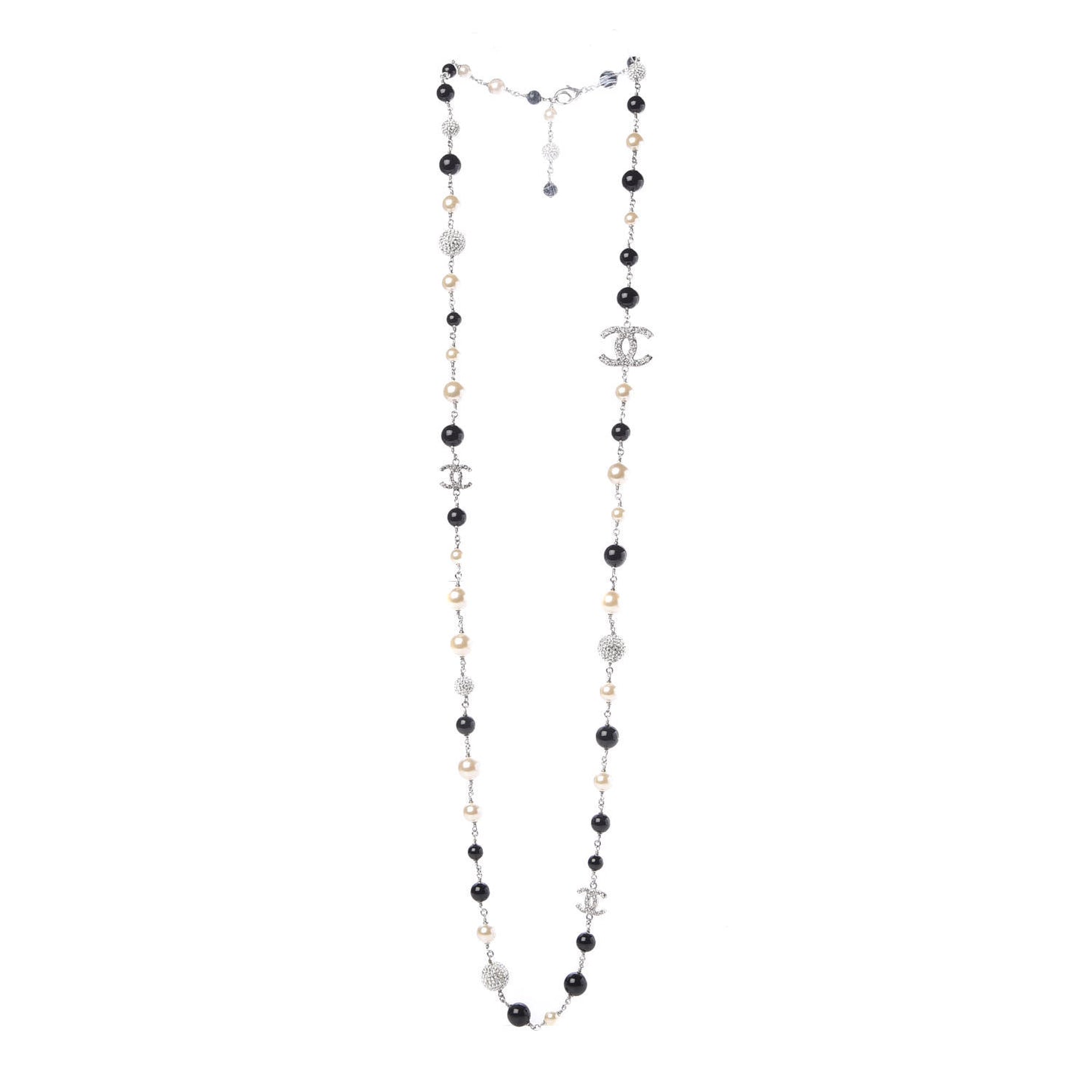 Pearl Crystal Bead CC Long Necklace Silver Black White
