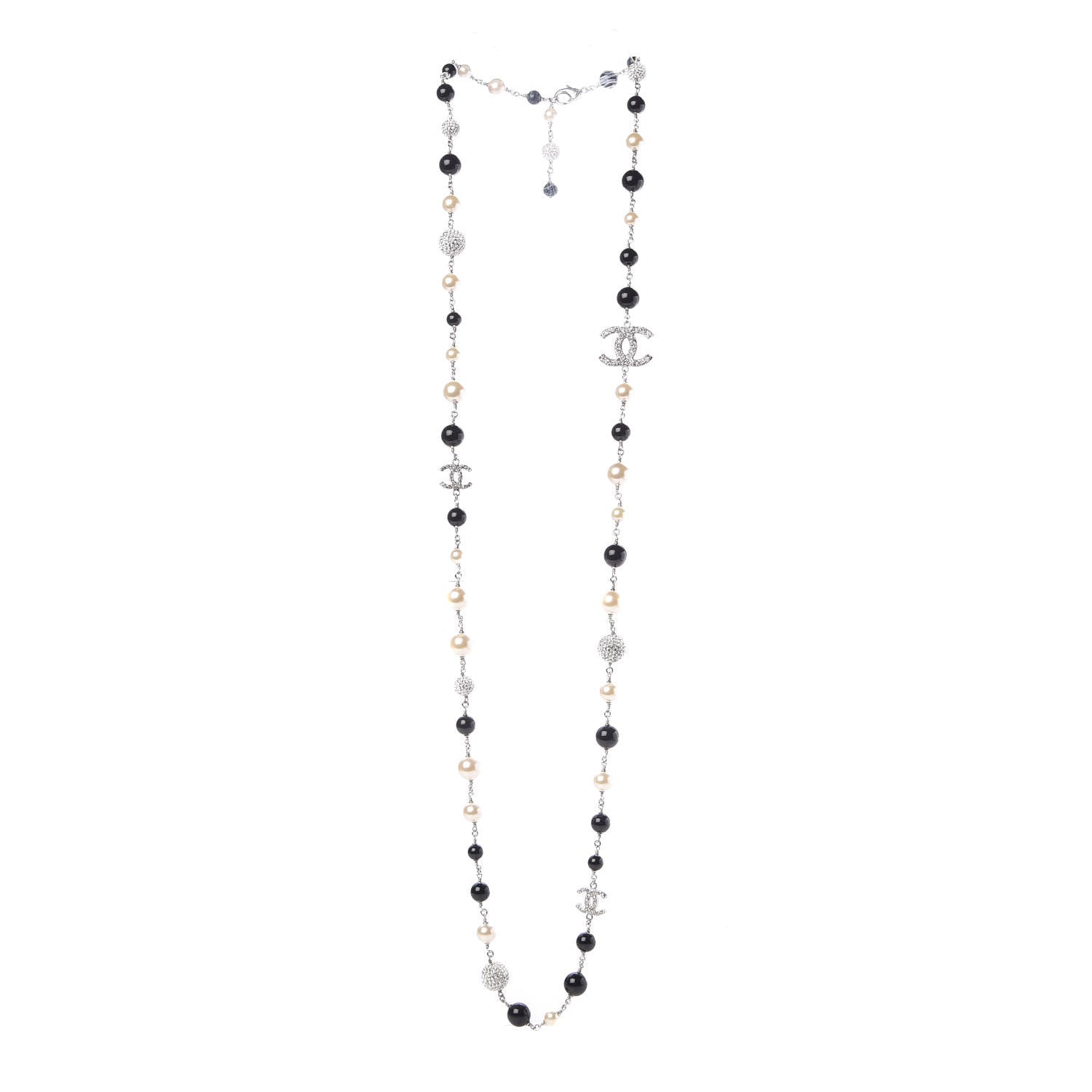 Chanel Pearl Crystal Bead CC Long Necklace Silver Black White 3 of 7