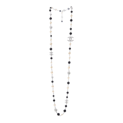 Chanel Pearl Crystal Bead CC Long Necklace Silver Black White 3 of 7