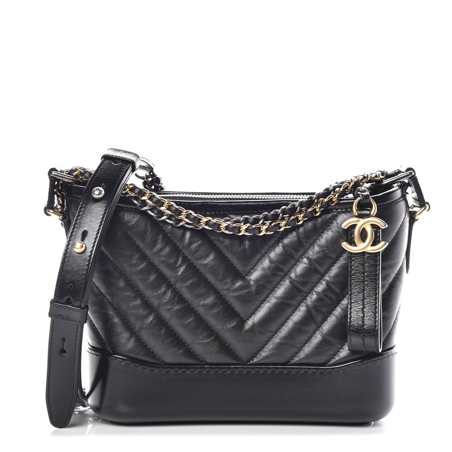 Aged Calfskin Chevron Quilted Small Gabrielle Hobo Black