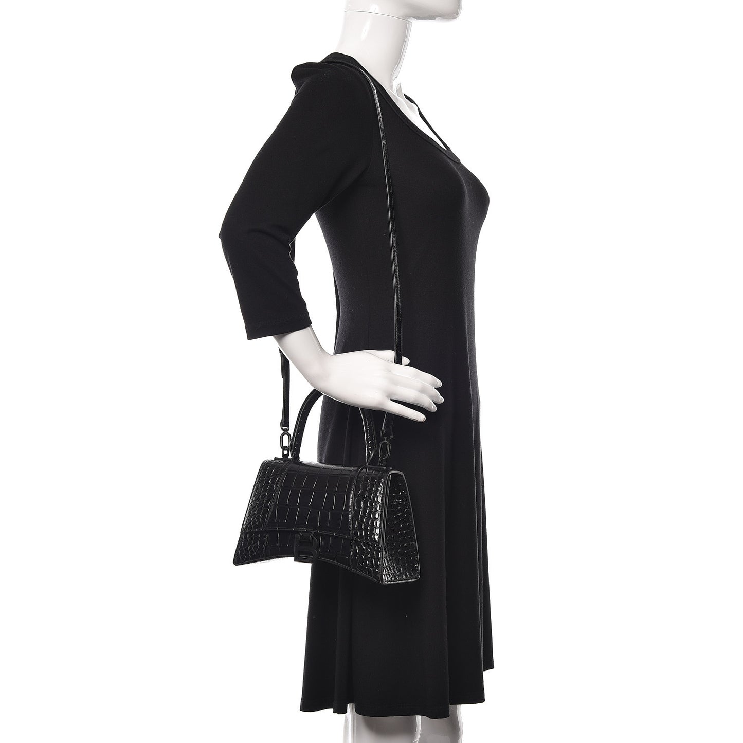 Shiny Calfskin Crocodile Embossed Small Hourglass Top Handle Bag Black
