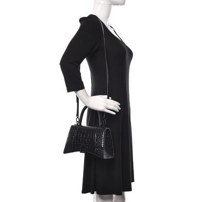 Balenciaga Shiny Calfskin Crocodile Embossed Small Hourglass Top Handle Bag Black 2 of 21