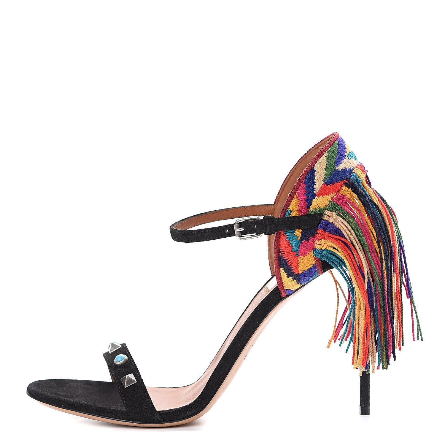 Valentino Garavani Suede Embroidered Fringe Rockstud Rolling Ankle Sandals 39 Black Multi 1 of 8