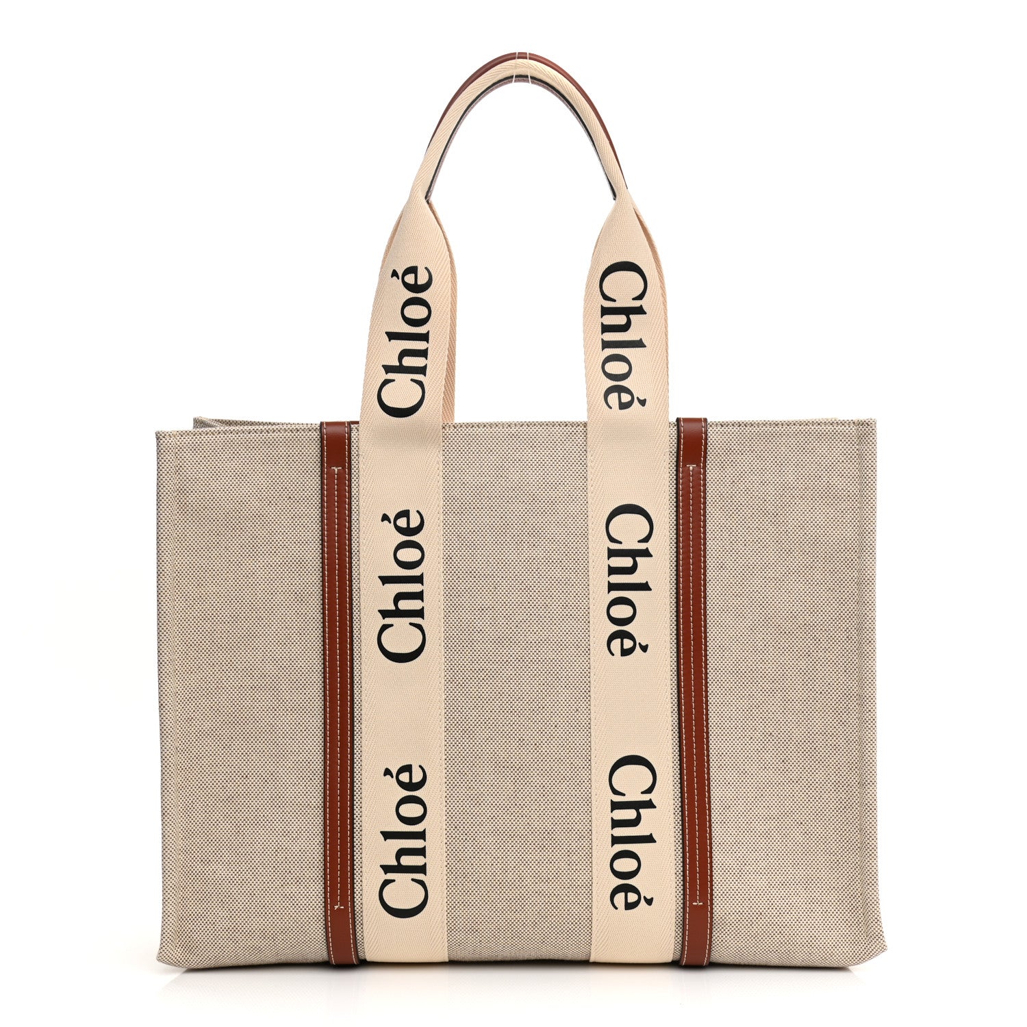 Chloe Cotton Calfskin Large Woody Ribbon Tote White Brown 1 of 15