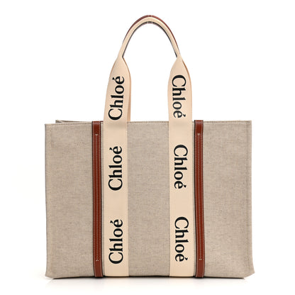 Chloe Cotton Calfskin Large Woody Ribbon Tote White Brown 1 of 15