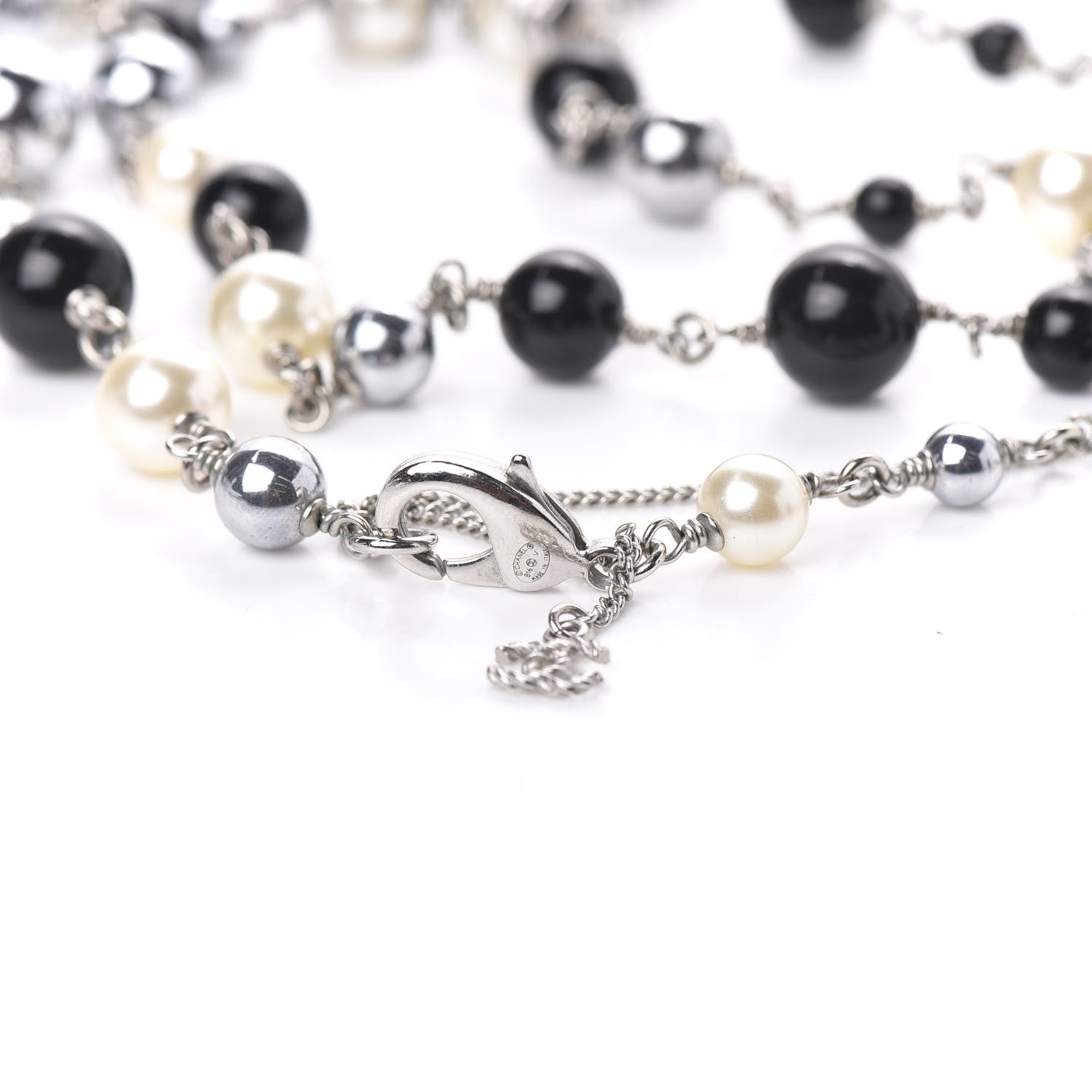 Chanel Pearl Bead Enamel CC Long Necklace Silver Black Grey 4 of 4