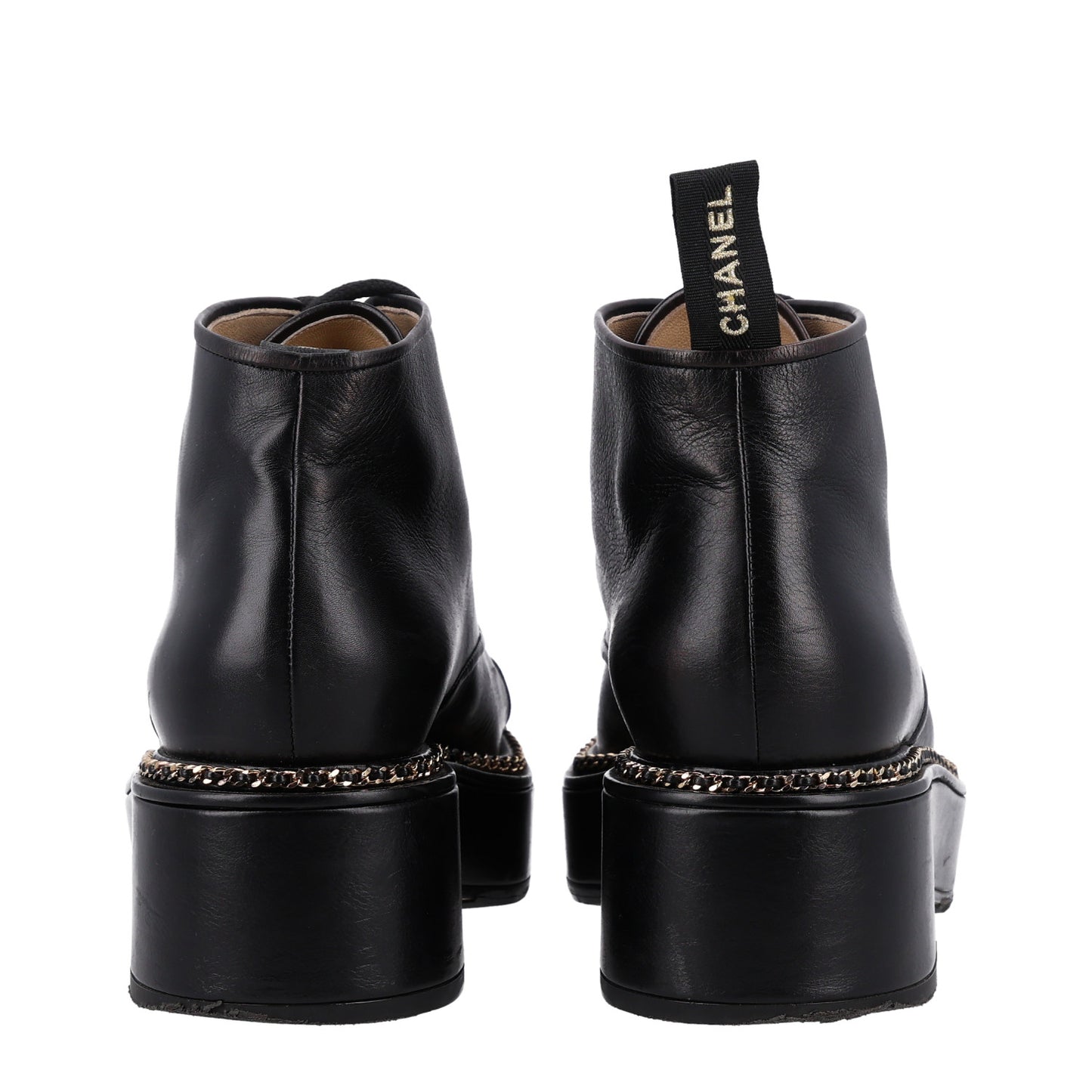 Calfskin Grosgrain Chain Lace Up CC Short Boots 41 Black