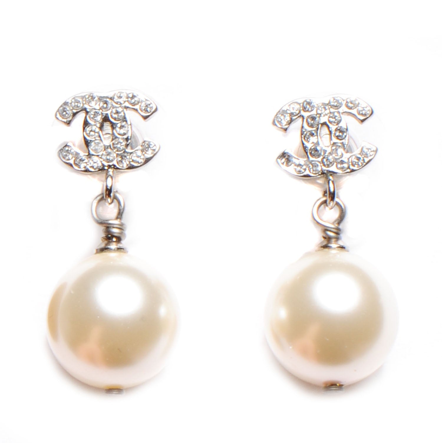Chanel Crystal Pearl CC Drop Earrings Silver 1 of 4