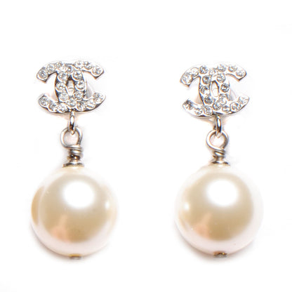 Chanel Crystal Pearl CC Drop Earrings Silver 1 of 4