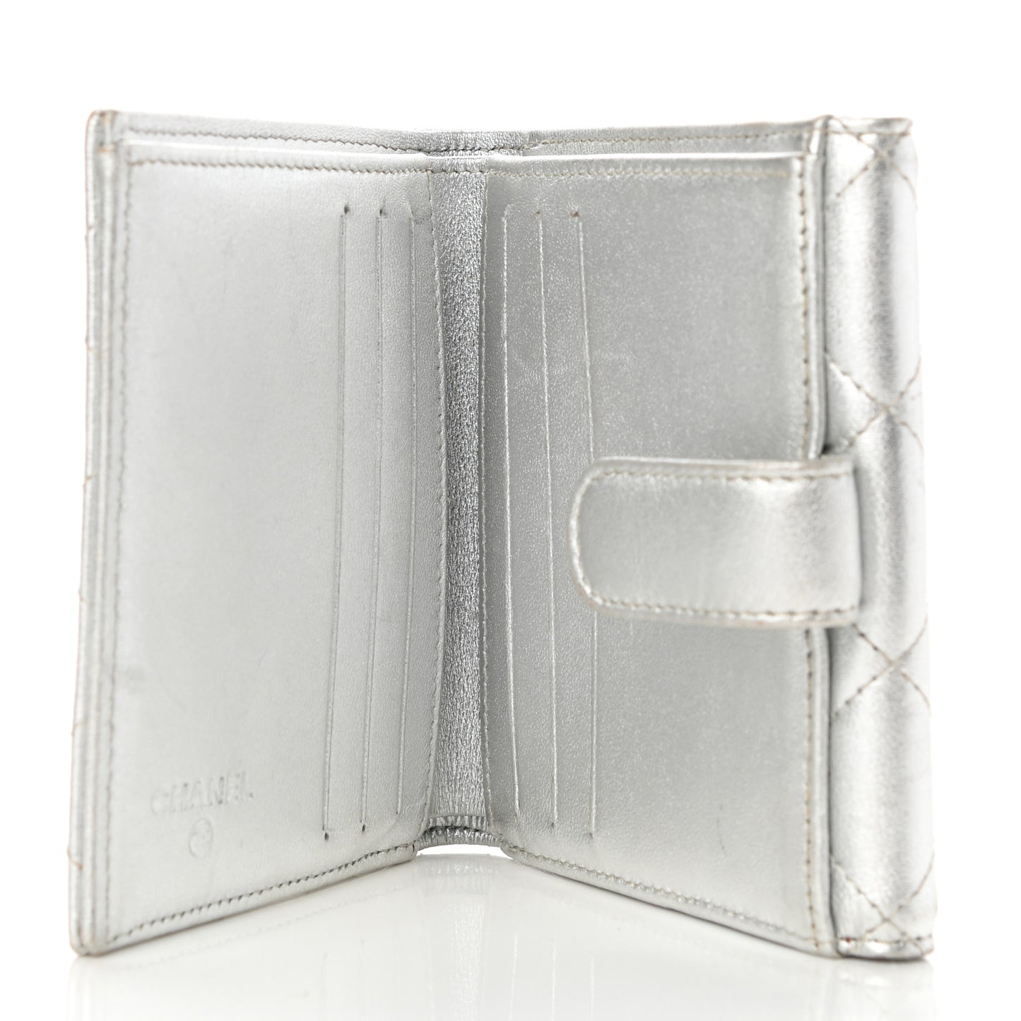 Metallic Lambskin Quilted Compact French Flap Wallet Silver