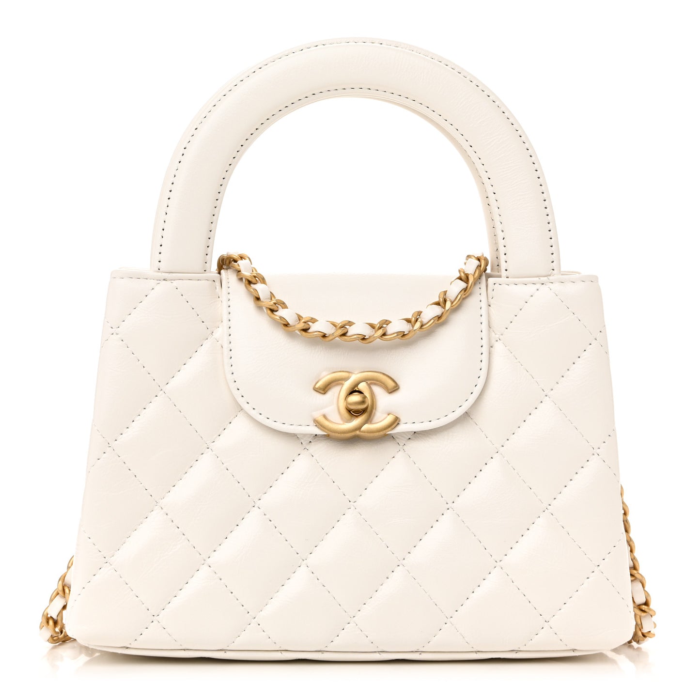Shiny Aged Calfskin Quilted Nano Kelly Shopper White