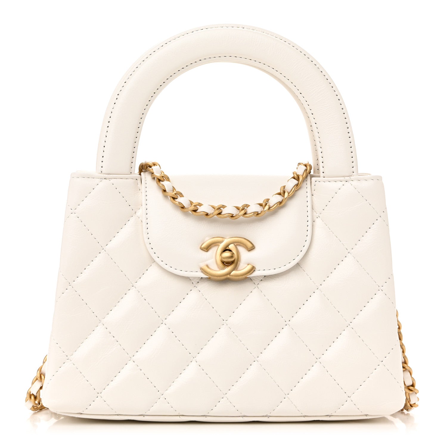 Chanel Shiny Aged Calfskin Quilted Nano Kelly Shopper White 1 of 10
