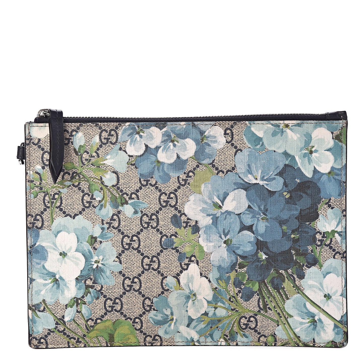 GG Supreme Monogram Blooms Small Zip Wristlet Pouch Beige Blue Black