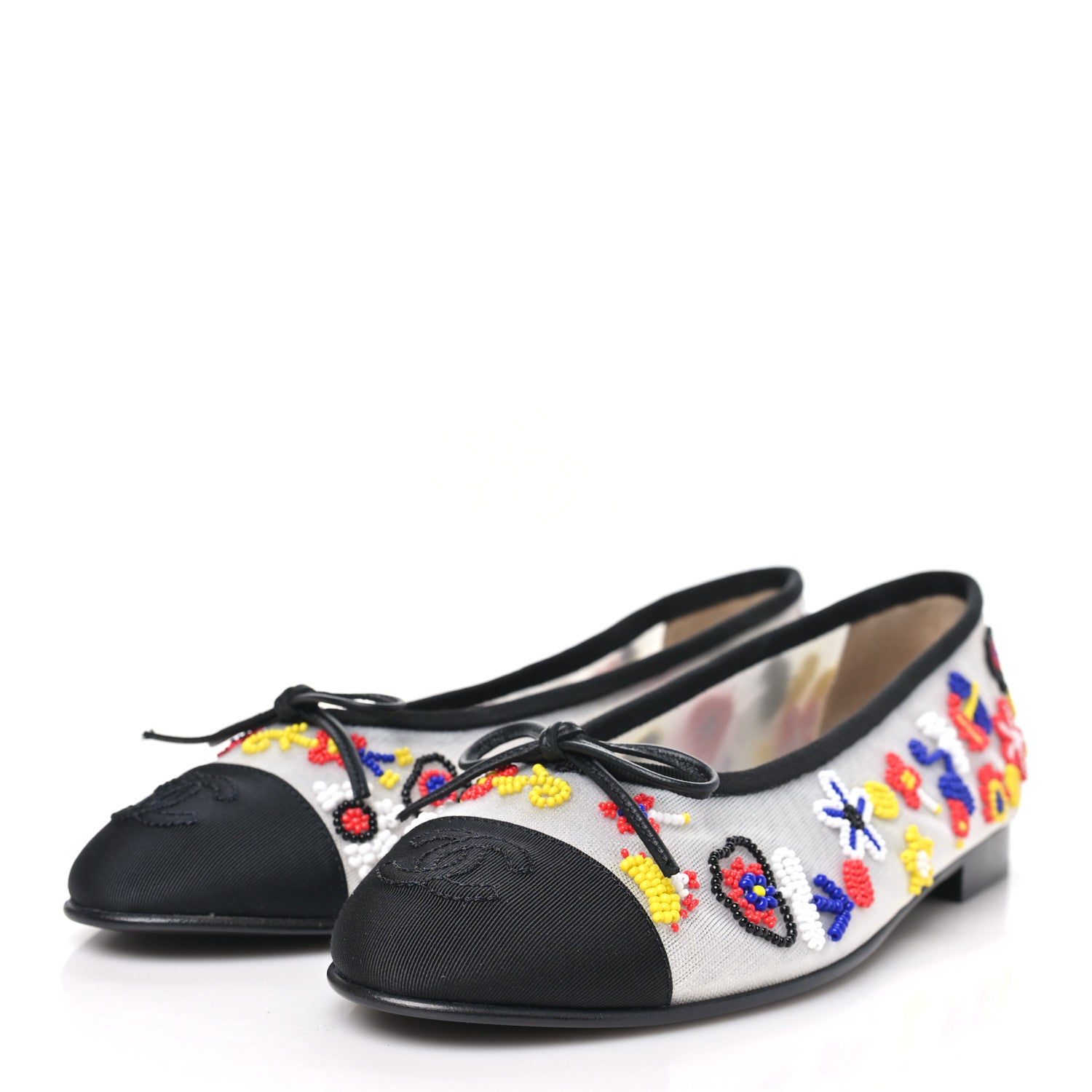 Chanel Mesh Pearl Grosgrain Cap Toe CC Coco Beach Ballerina Flats 37.5 Multicolor Black 4 of 10
