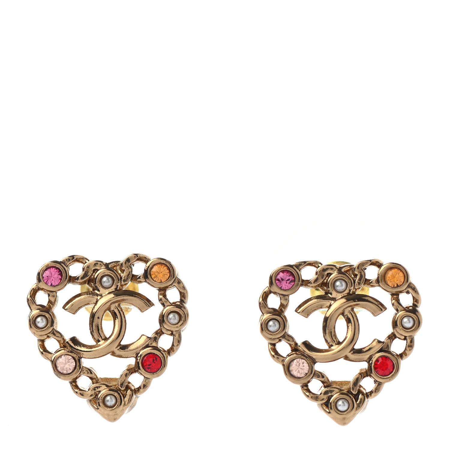 Chanel Pearl Crystal CC Heart Earrings Gold Multicolor 1 of 4