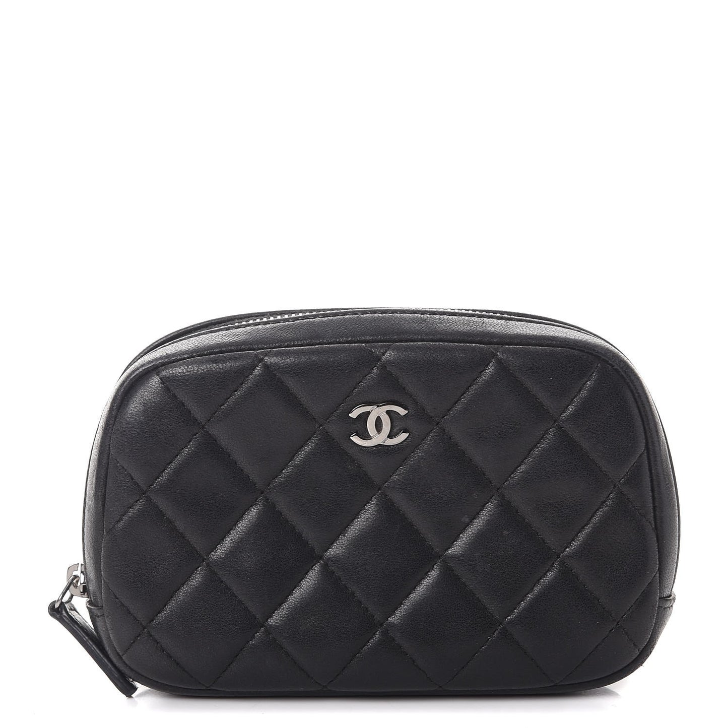 Lambskin Quilted Small Curvy Pouch Cosmetic Case Black