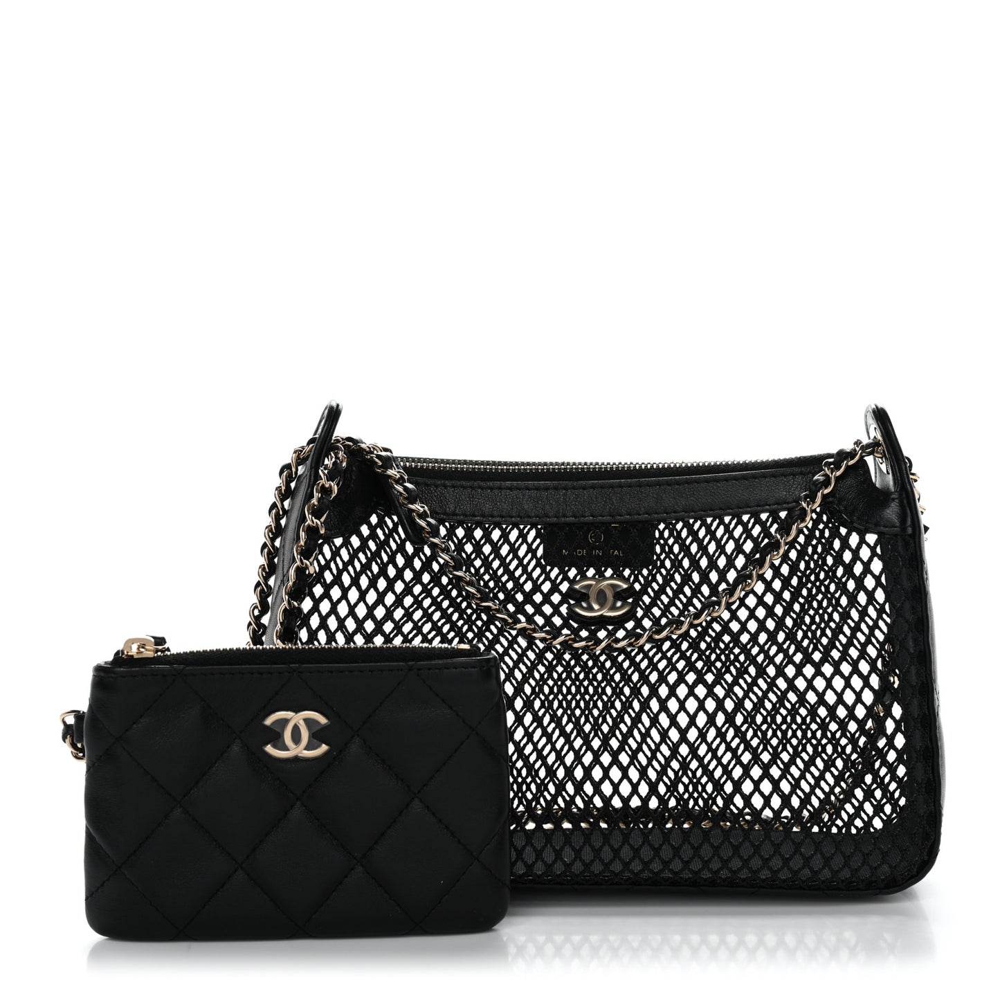 Mesh Shiny Lambskin Clutch With Chain Black