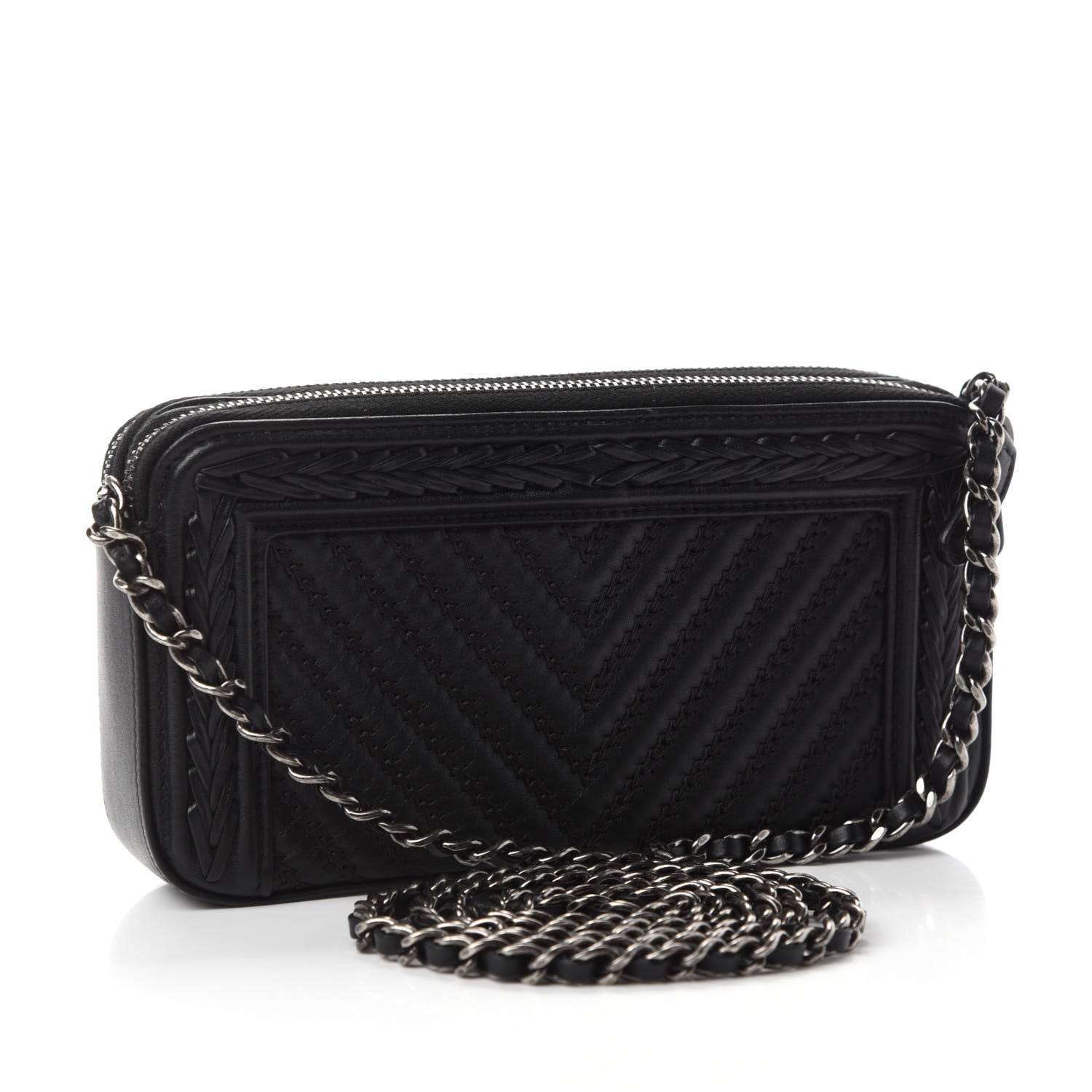 Chanel Calfskin Braided Chevron Quilted Small Boy Clutch With Chain Black 3 of 12