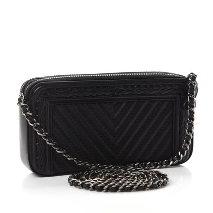 Chanel Calfskin Braided Chevron Quilted Small Boy Clutch With Chain Black 3 of 12