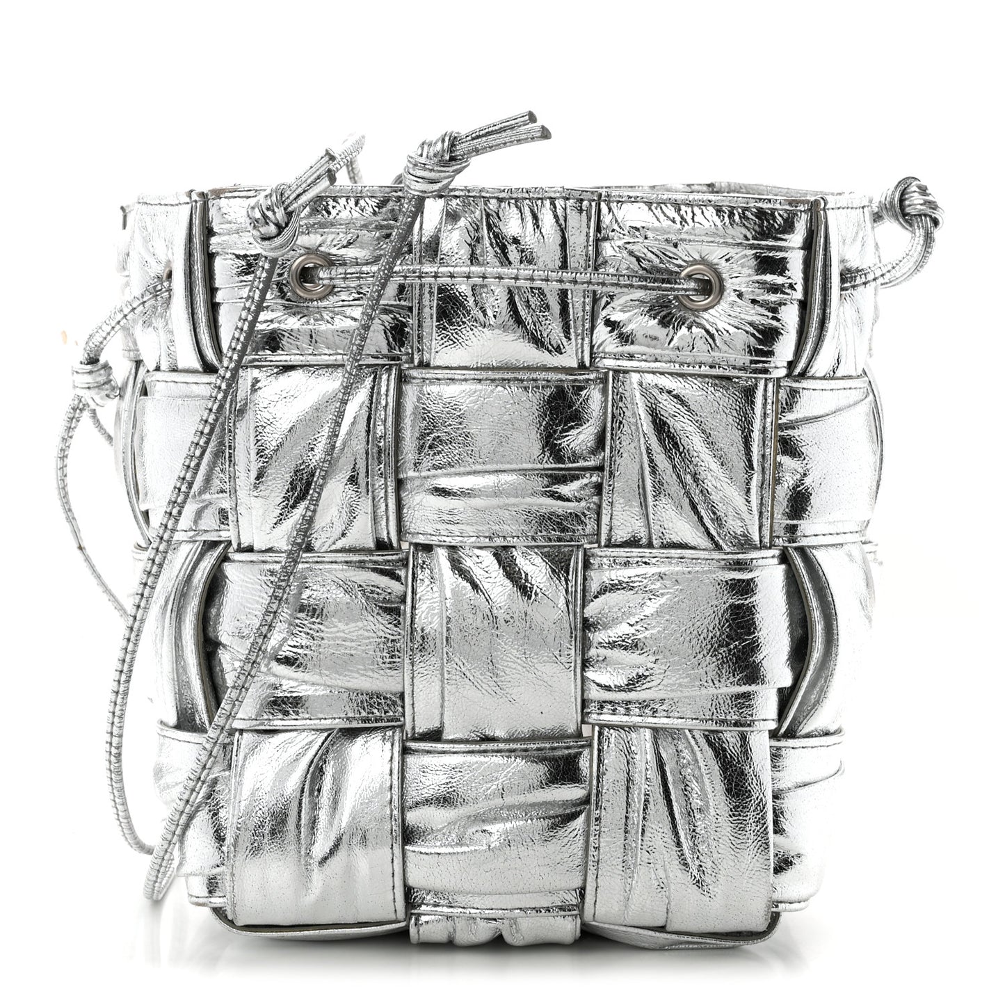 Metallic Calfskin Intrecciato Foulard Bucket Bag Silver