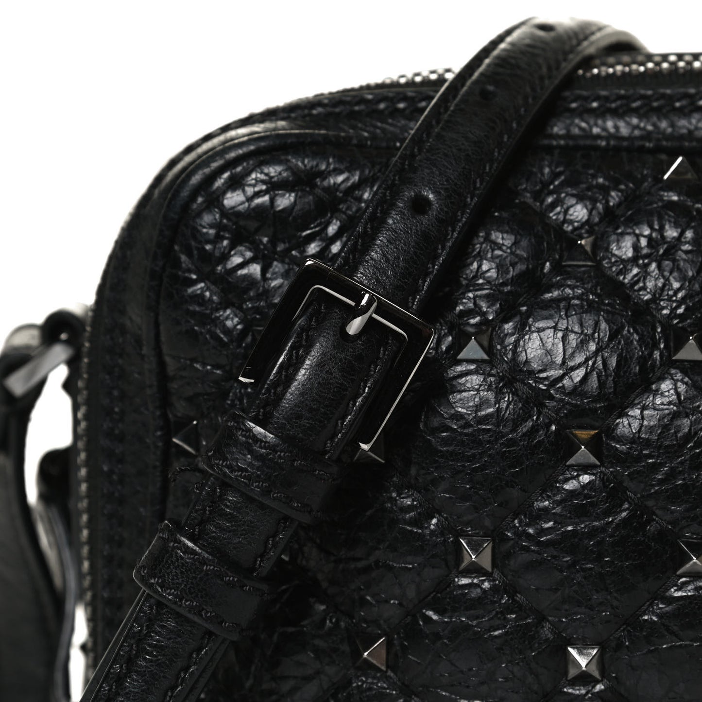 Craquele Nappa Rockstud Spike Double Zip Camera Crossbody Bag Black