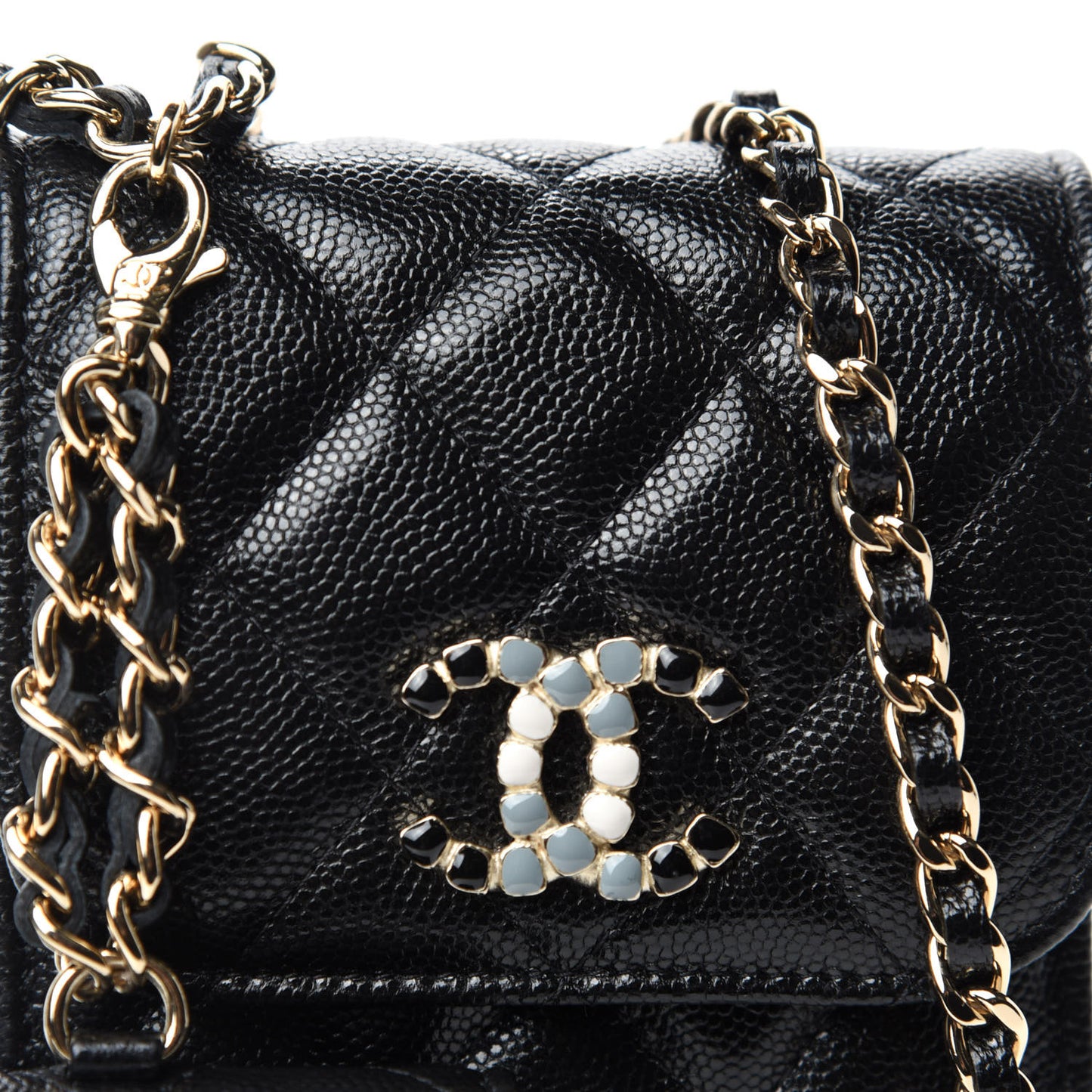 Caviar Quilted Crystal CC Airpods Pro and Phone Case With Chain Black