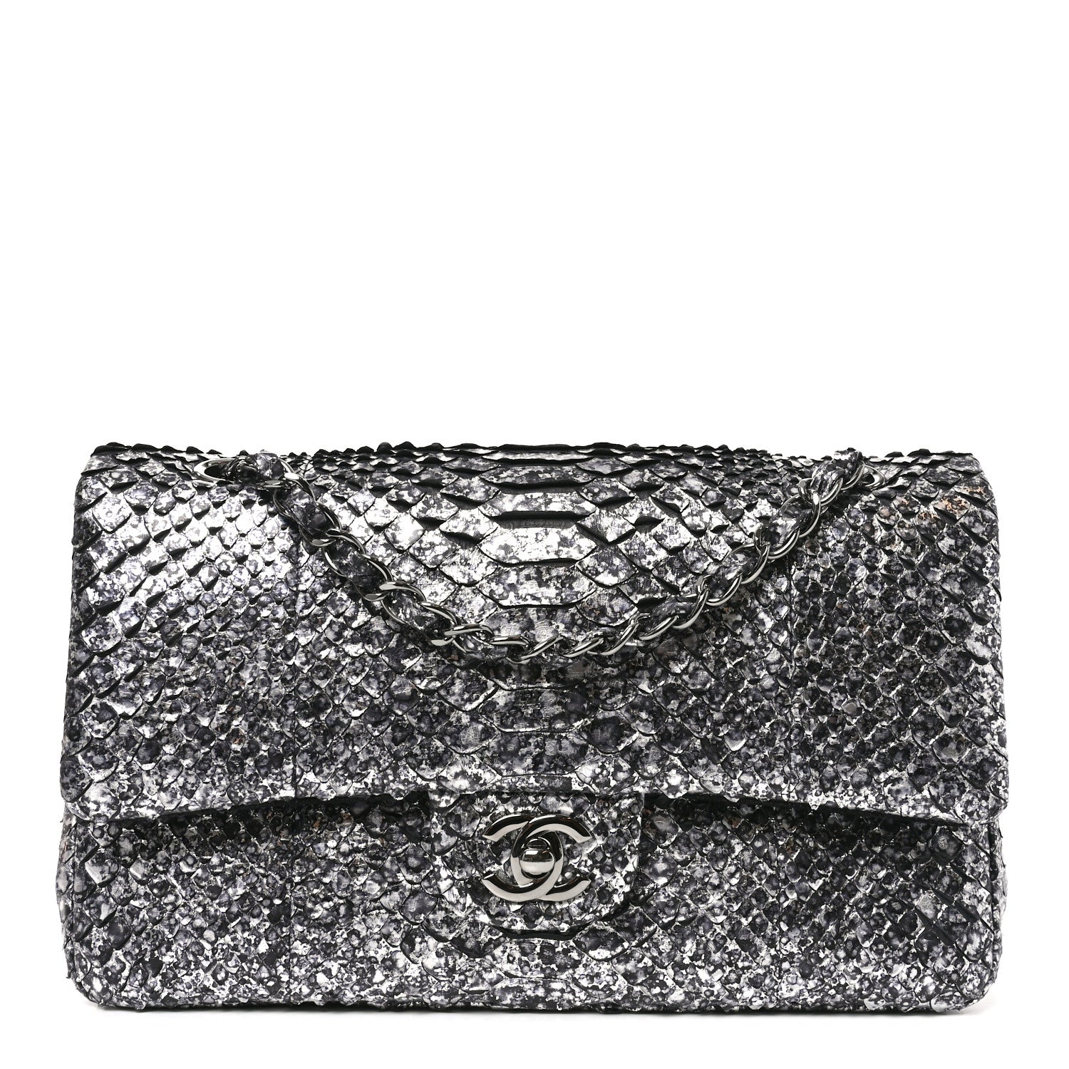 Chanel Metallic Snakeskin Medium Double Flap Black Silver 1 of 11
