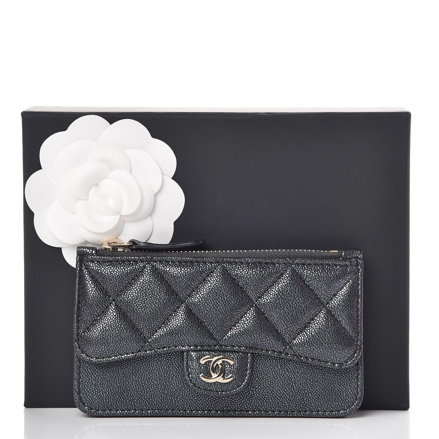 Iridescent Caviar Quilted Flap Zip Card Holder Black